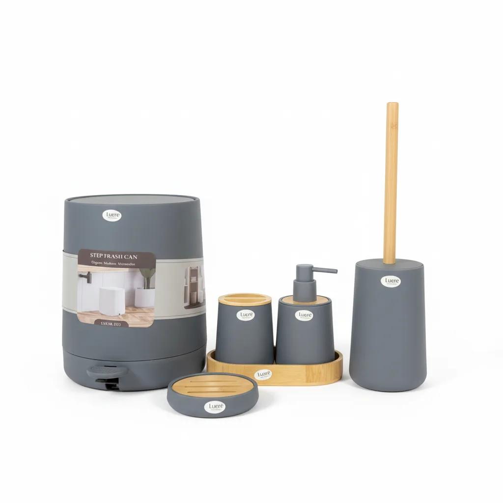 Luere Home & Fun Set Aksesore Banje 5 Copë, Gri Mat me Detaje Bambu