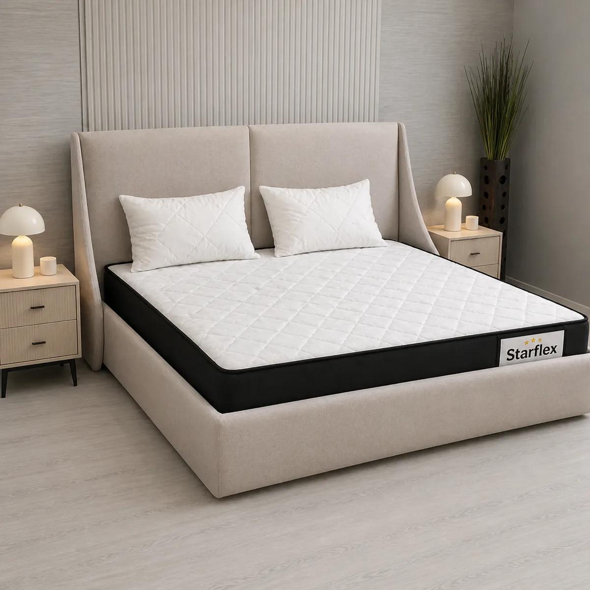 Krevat Omega - Ngjyre bezhë (160x190) / Dyshek Starflex 19x160x190cm / 2 Jastek Komfort 40x60 cm / Zgare Krevati