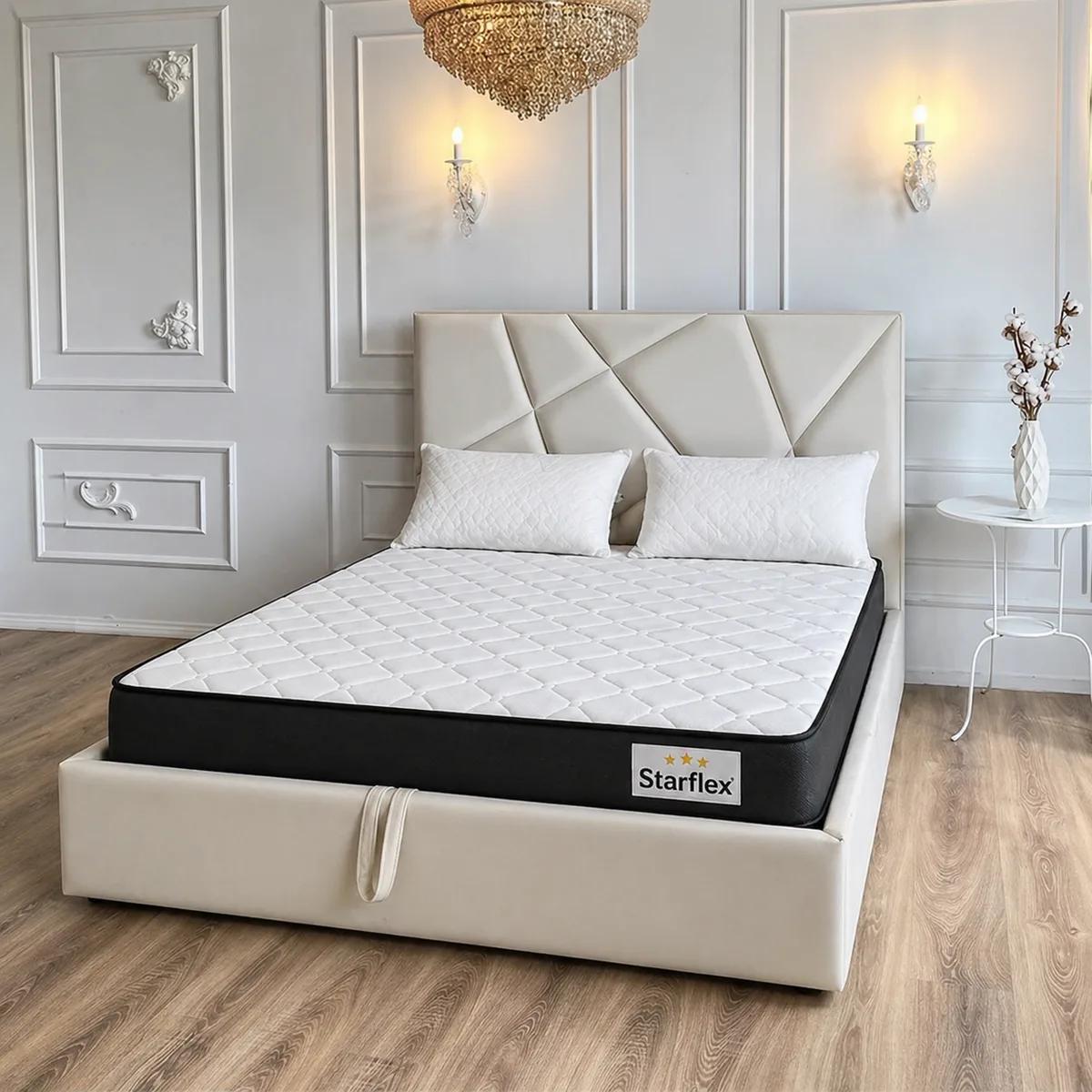Krevat Perla - Ngjyre e bardhë (160x190) + Dyshek Starflex 19x160x190cm + 2 Jastëk Komfort 40x60 / Zgare Krevati