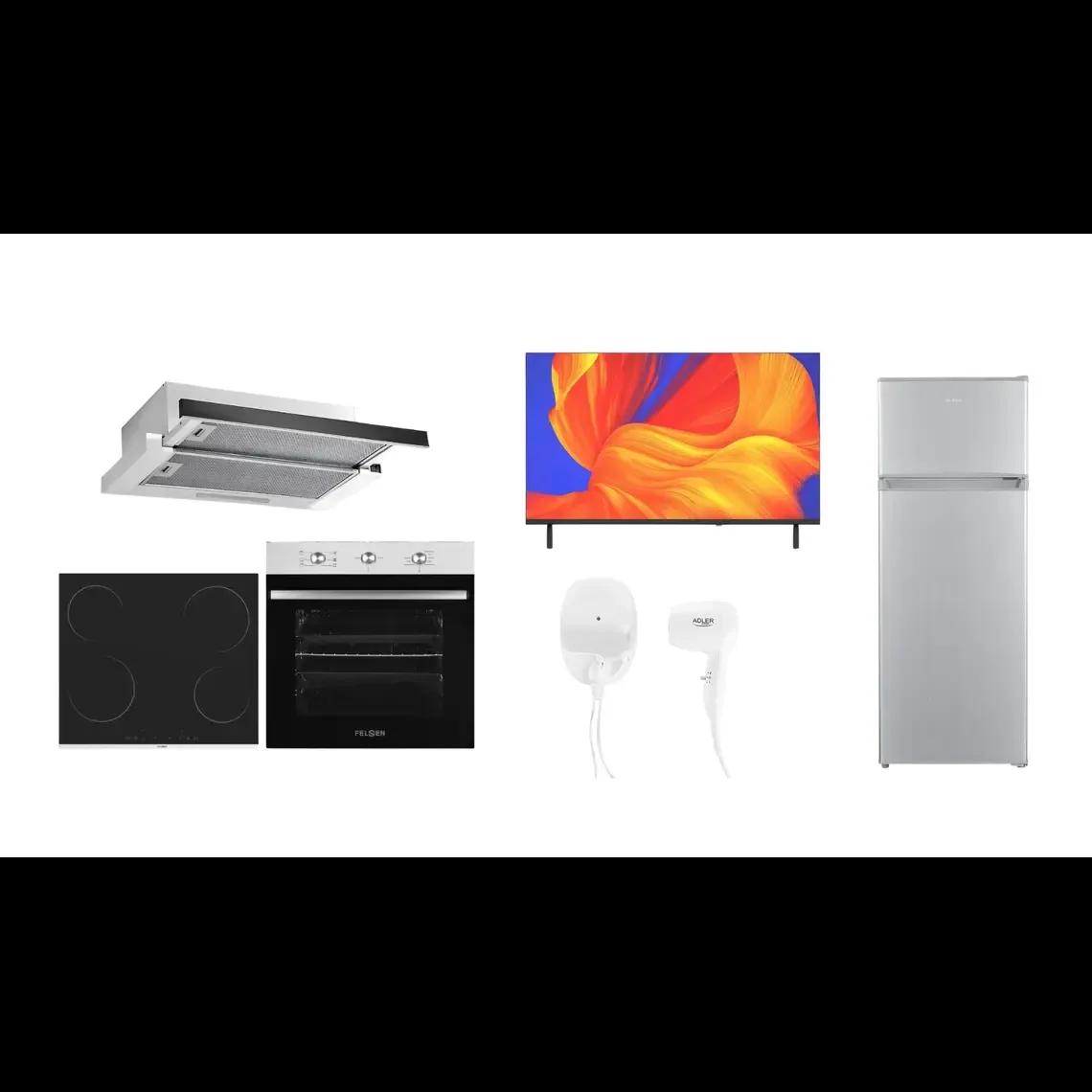 Set Furre 71L Felsen + Pianure Qeramike + Aspirator Inox 60cm + Frigorifer 206L Felsen + TV 32" Felsen + Tharese Flokesh Adler