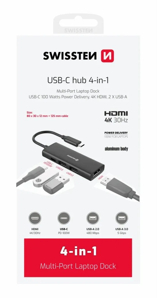 Adaptor Swissten USB-C HUB 4-IN-1