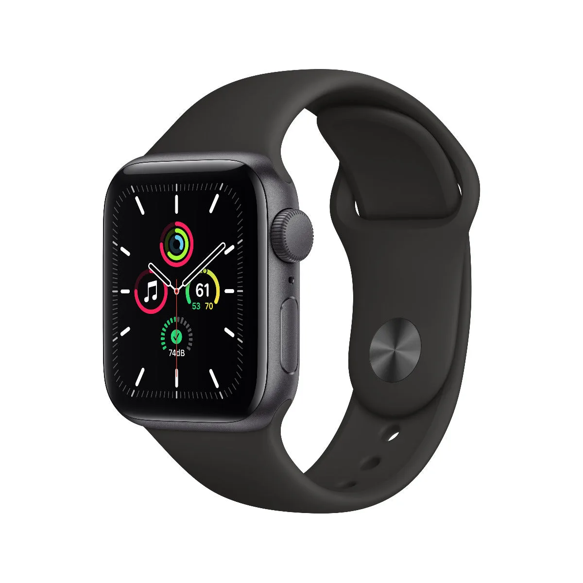 Apple Watch SE, 40мм Space Gray с черна силиконова каишка