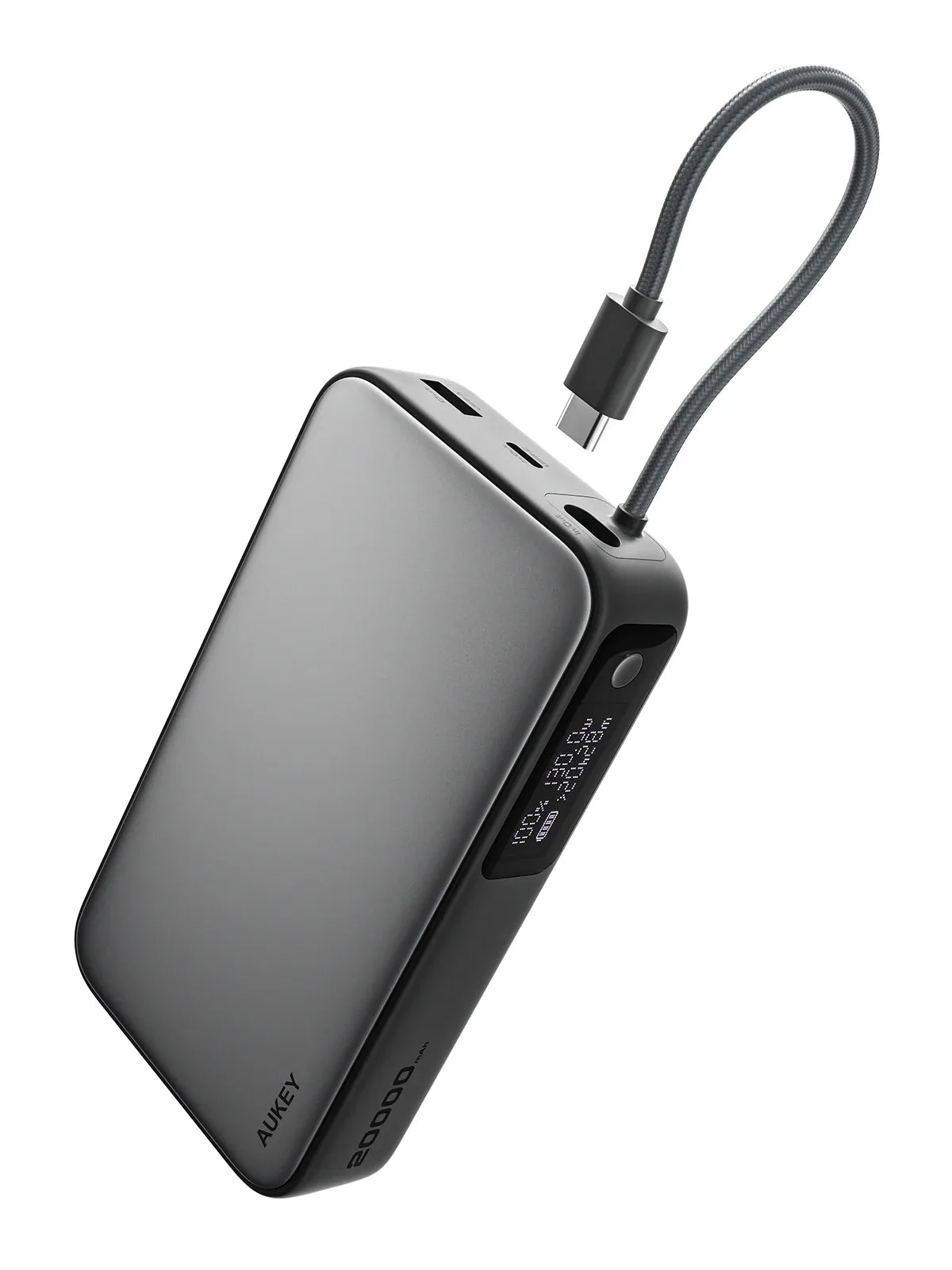 AUKEY Spark Sling 20000 Compact Fast Charging Power Bank with Built-in USB-C Cable Gray
