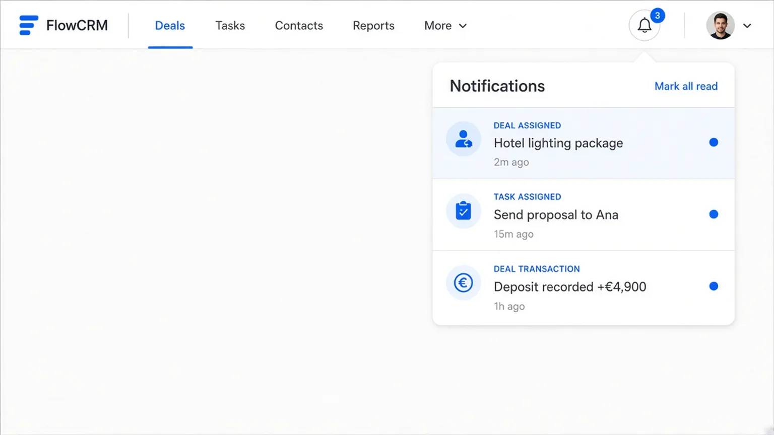 Notifications panel with deal assigned, task assigned, and deal transaction alerts