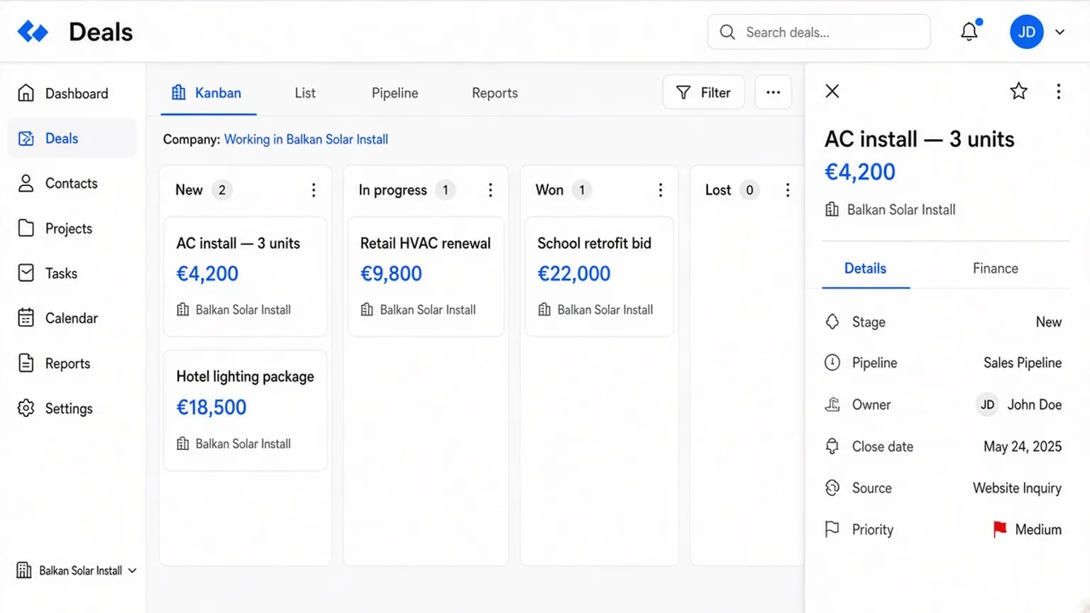 Deals board with Hotel lighting package €18,500 in progress and Won Retail HVAC renewal