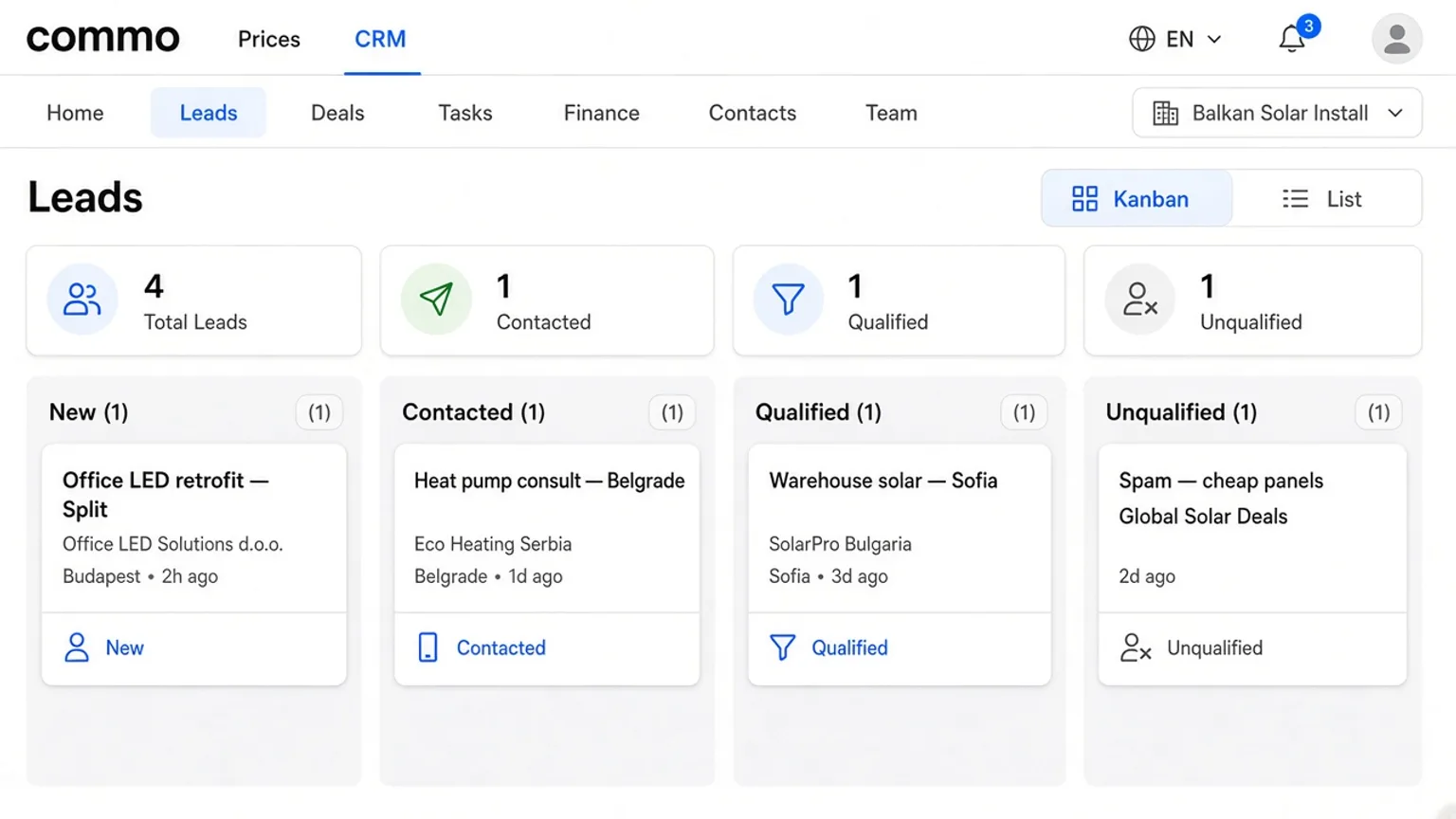 CRM Leads & Deals Boards — From First Call to Won Job