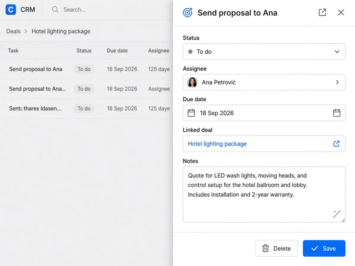 Task drawer for Send proposal to Ana with assignee Ana Petrović and linked deal