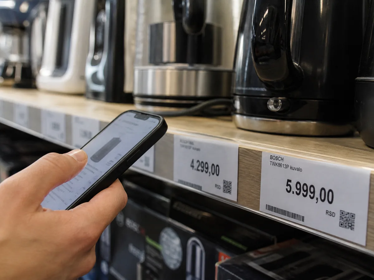 Electronics and appliances on shelves in a Serbian retail store