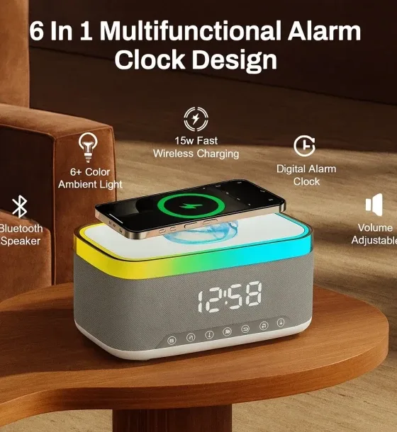 Boks Bluetooth MD-S300 me Orë Alarm LED, Karikim Wireless 15W dhe Dritë Ambienti