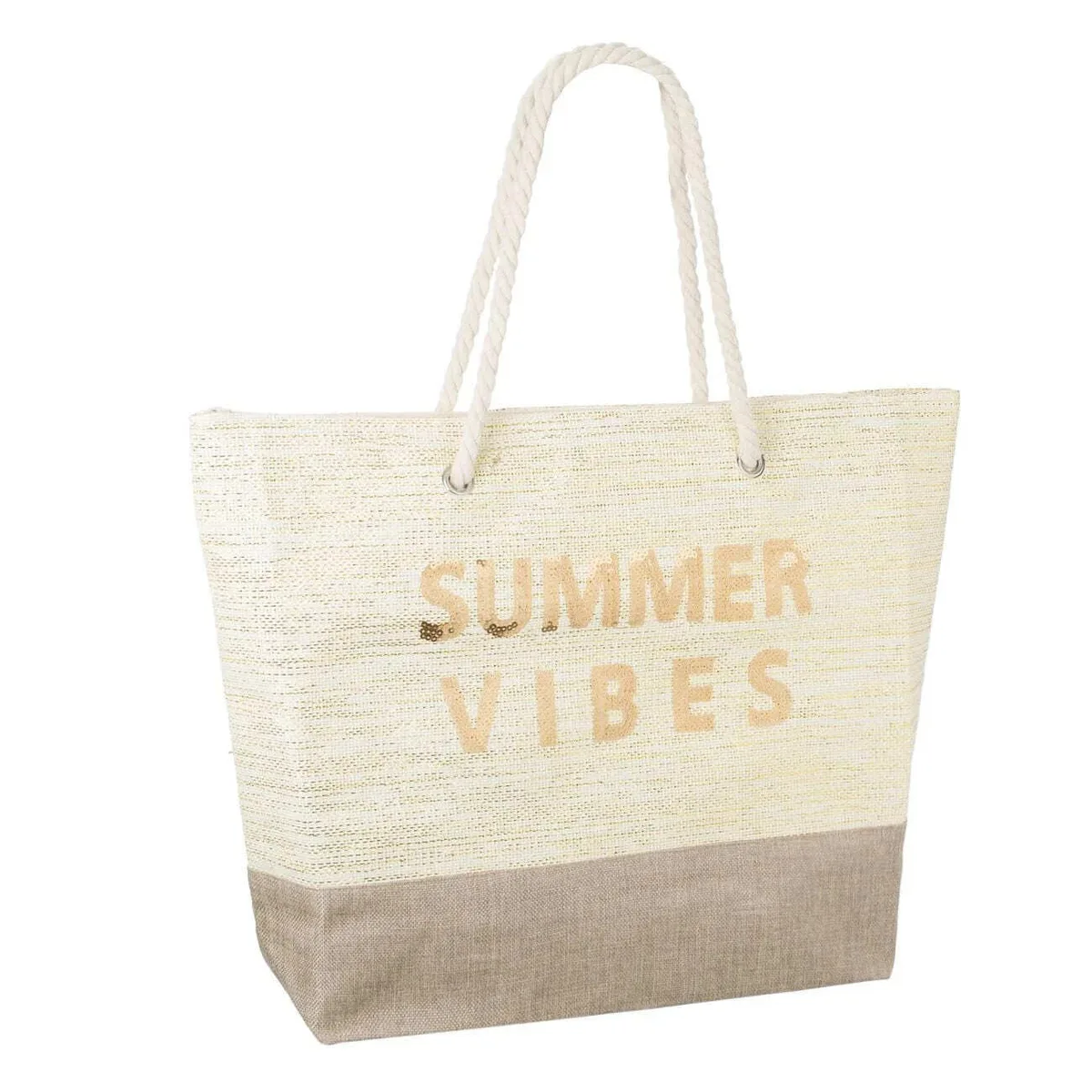 Çantë plazhi bezhë dhe kafe me dizajn Summer Vibes 55.5x15x42 cm