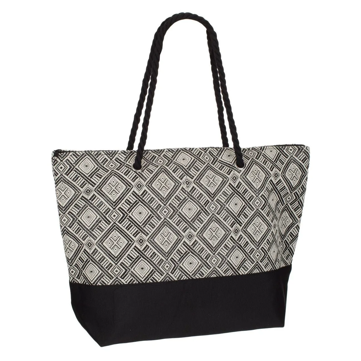 Çantë plazhi e zezë me dizajn me rombe të zeza dhe të bardha 52x15x37cm