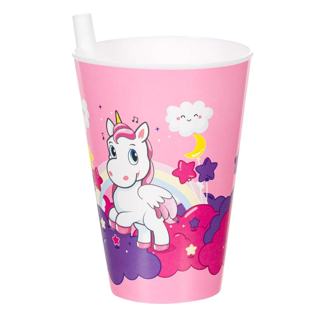 Gotë plastike me pipë të integruar rozë me Unicorn 400ml
