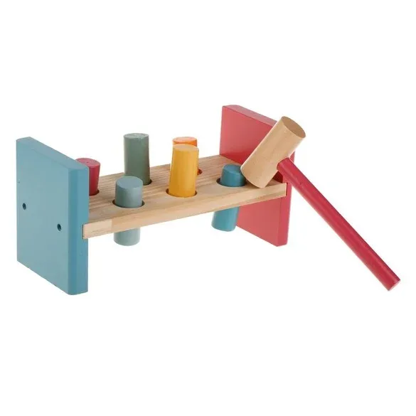 Lodër druri për bebe stol me forma me ngjyra dhe çekiç 22x9x10cm
