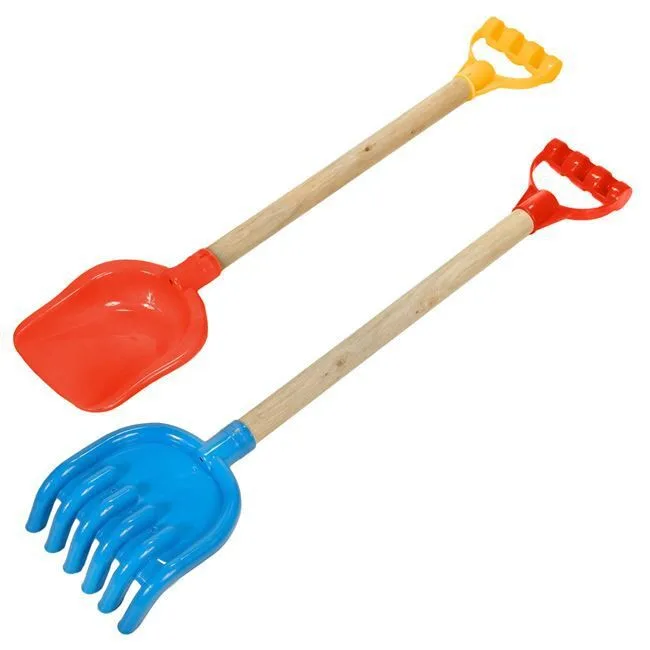 Lodër Plazhi Për Fëmijë Set Lopate Druri Me Dorezë & Krehër Rërë Druri Me Dorezë 60 Cm