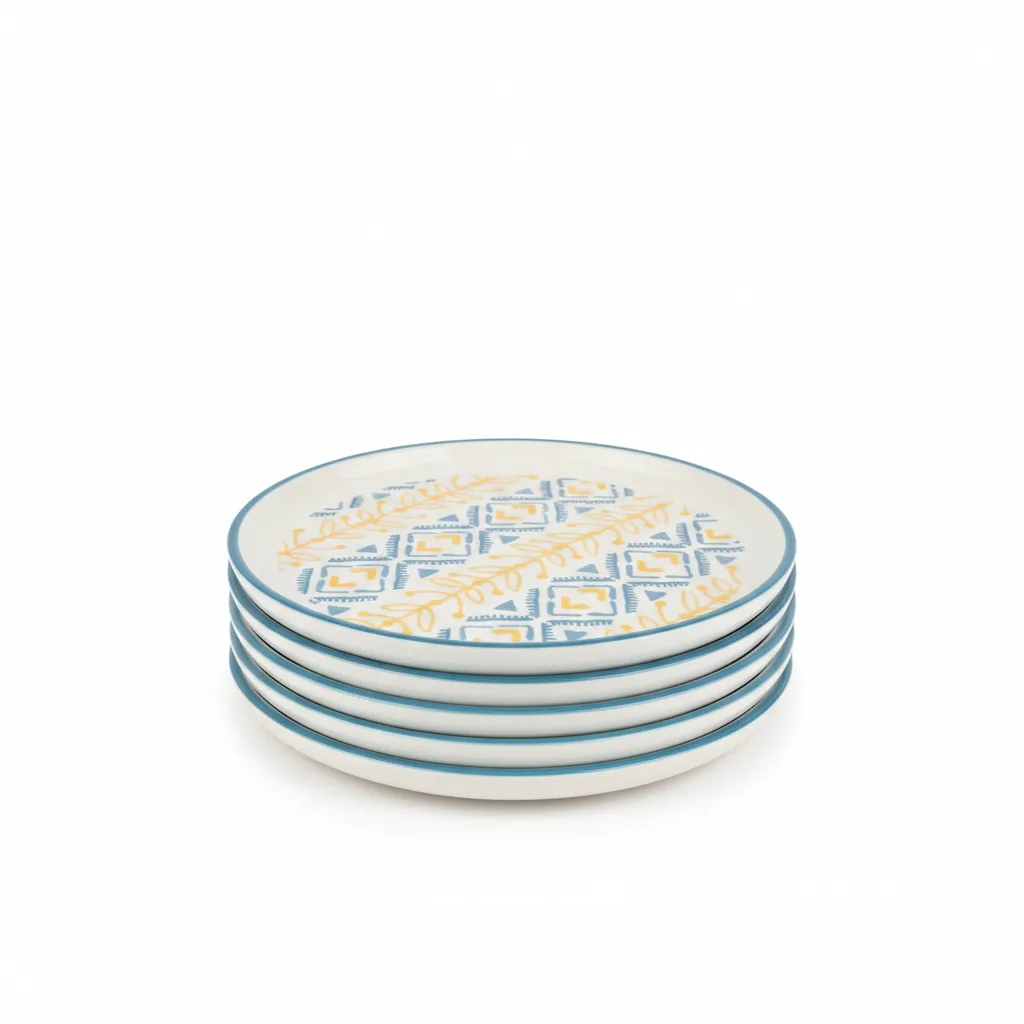 Pjatë Ëmbëlsire Porcelani 15cm Verdhe-Blu me Ornament Dekorativ