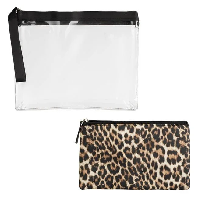 Set çantash kozmetike transparente të zeza dhe leopard me dorezë 2 copë