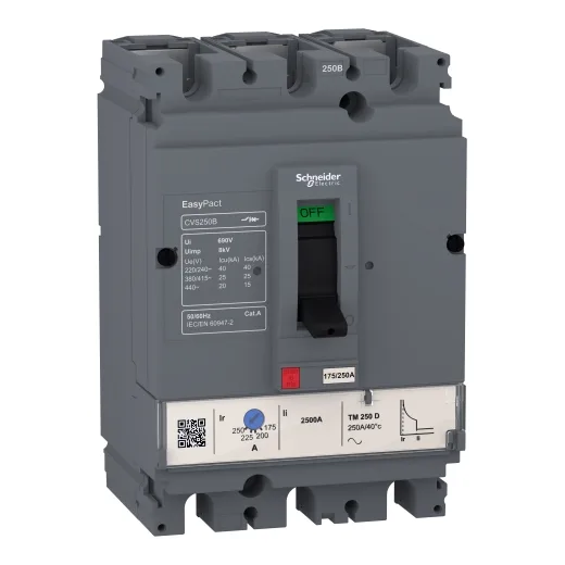 Circuit Breaker EasyPact CVS100B, 25kA at 415VAC, 100A Rating Thermal Magnetic TM-D TRIP UNIT, 3P 3D