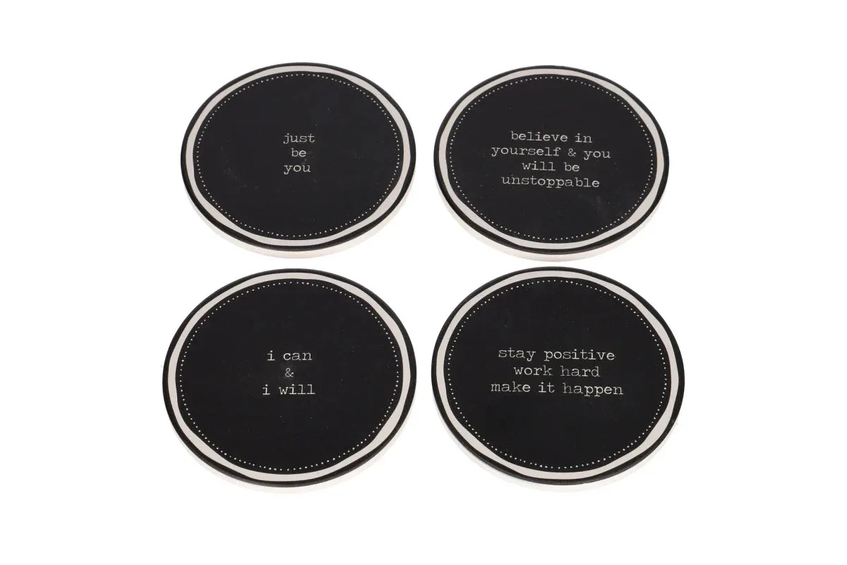 Coaster set / 10cm / Rreth / Porcelan / Fushe e zeze me diameter te bardhe + Tekst i bardhe