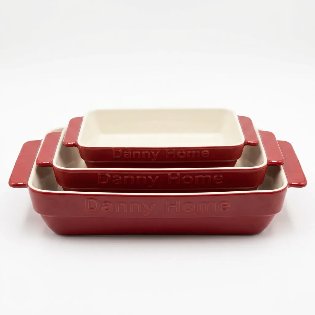 Danny Home Set Tavash Pjekjeje Porcelani, 3 Copë, Drejtkëndëshe, Ngjyrë e Kuqe
