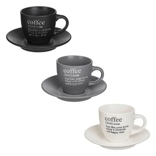 Set filxhanësh kafeje qeramike me pjata në 3 ngjyra 90ml - 3 copë