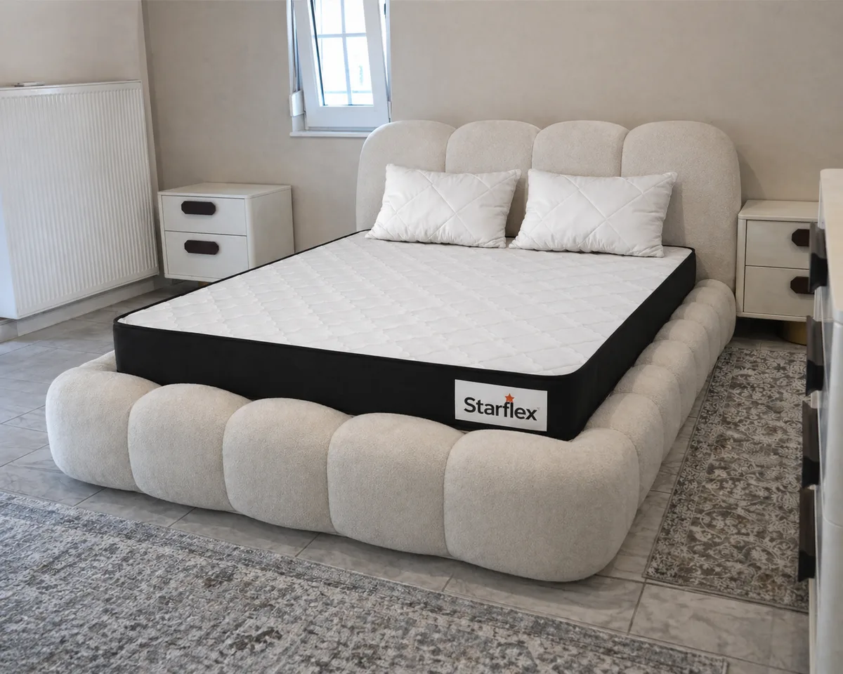 Krevat Aurora - Ngjyre bezhë e hapur (160x190) / Dyshek Starflex 19x160x190cm / 2 Jastëk Komfort 40x60 cm / Zgare Krevati