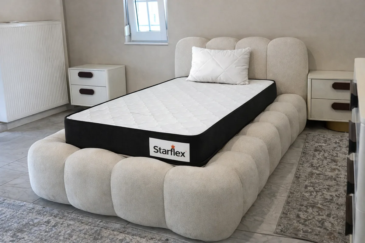 Krevat Aurora - Ngjyre bezhë e hapur / Dyshek Starflex 19x90x190cm / Jastëk Komfort 40x60 cm / Zgare Krevati