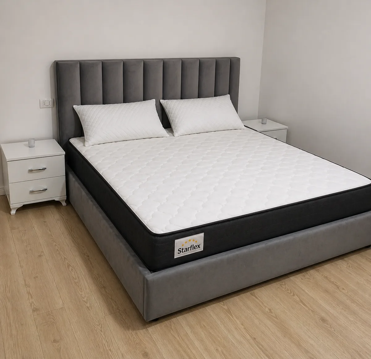 Krevat Comfort – Ngjyre gri (160x190) + Dyshek Starflex 19x160x190cm + 2 Jastëk Komfort 40x60 / Zgare Krevati