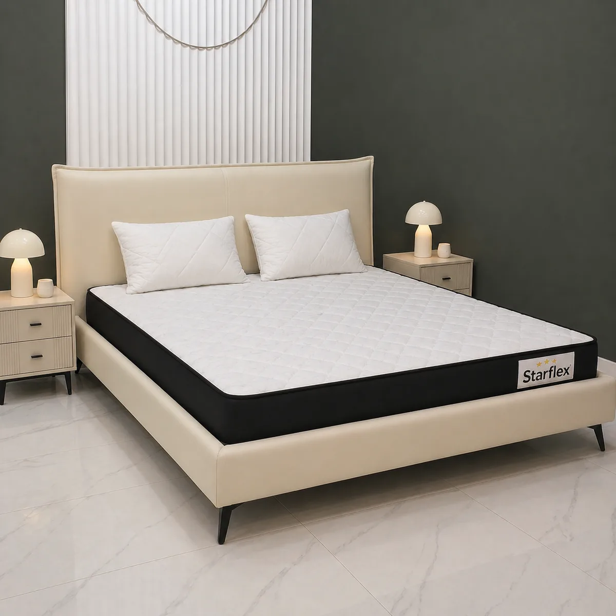 Krevat Enza - Ngjyre bezhë e hapur (160x190) / Dyshek Starflex 19x160x190cm / 2 Jastek Komfort 40x60 cm / Zgare Krevati