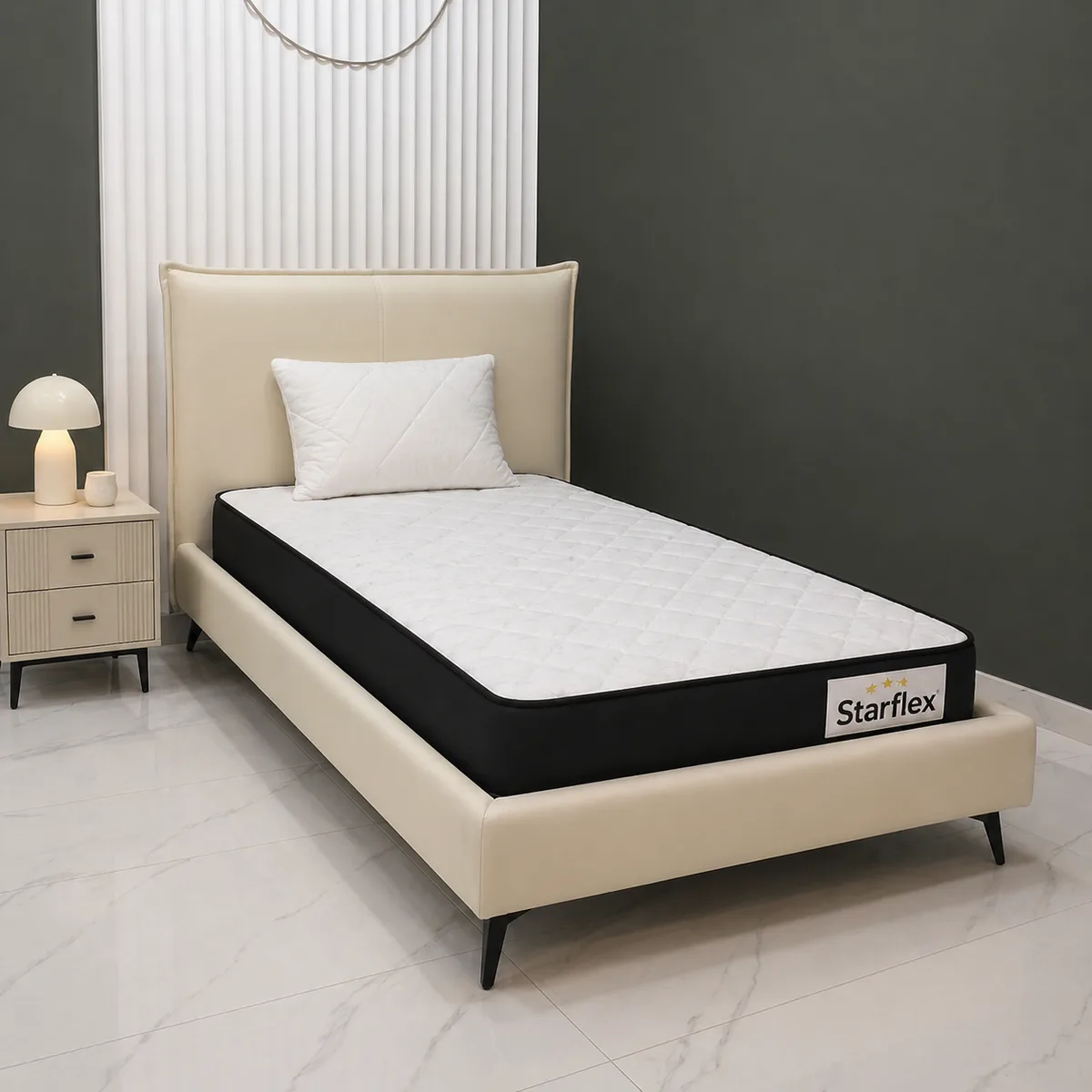 Krevat Enza - Ngjyre bezhë e hapur (90x190) / Dyshek Starflex 19x90x190cm / Jastek Komfort 40x60 cm / Zgare Krevati