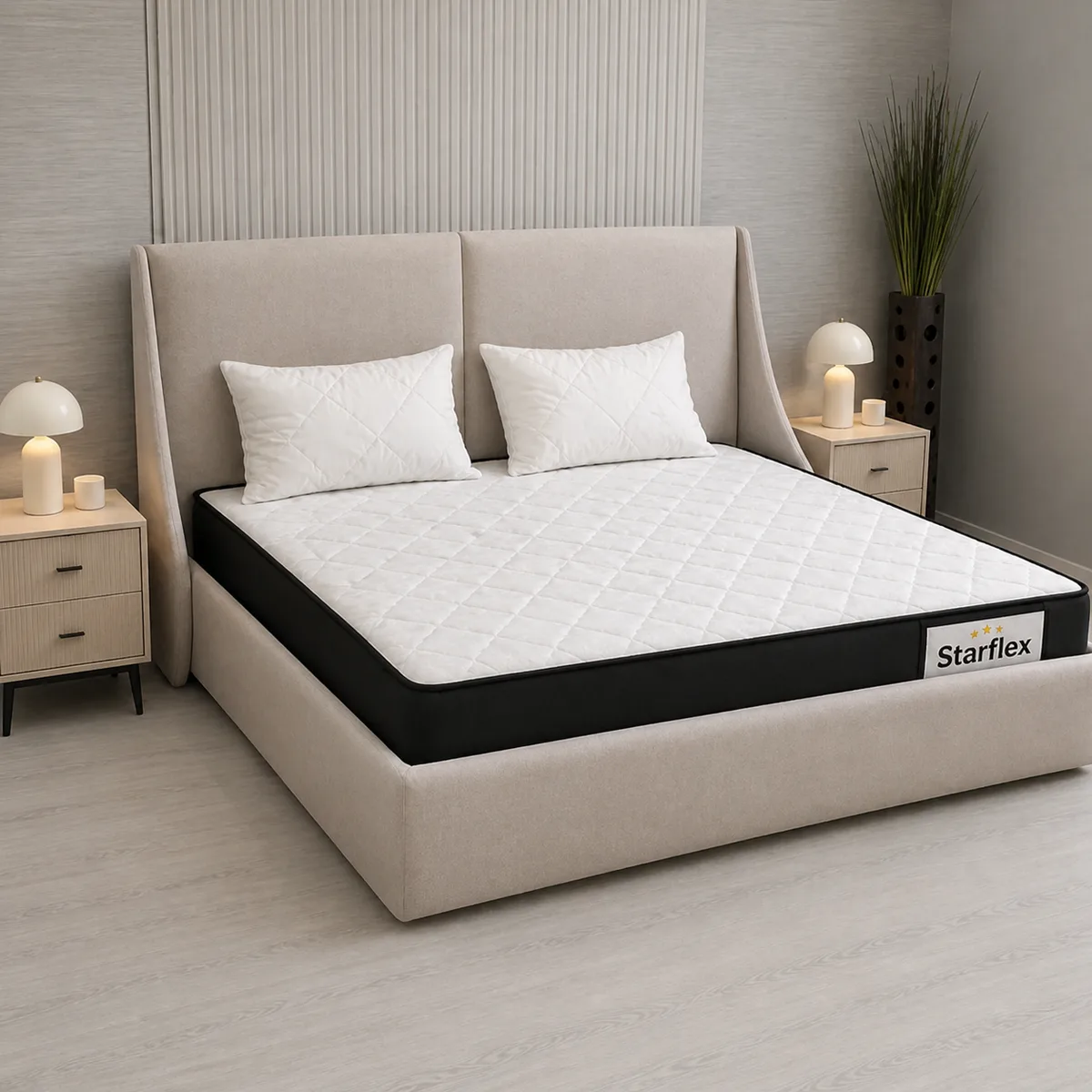 Krevat Omega - Ngjyre bezhë (160x190) / Dyshek Starflex 19x160x190cm / 2 Jastek Komfort 40x60 cm / Zgare Krevati