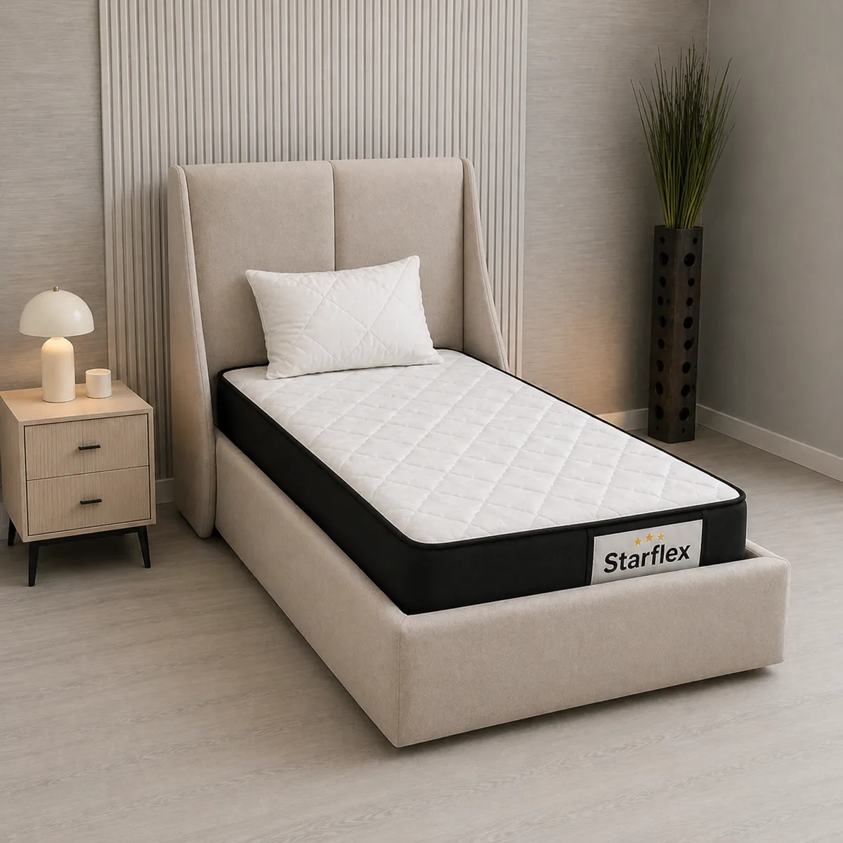 Krevat Omega - Ngjyre bezhë (90x190) / Dyshek Starflex 19x90x190cm / Jastek Komfort 40x60 cm / Zgare Krevati