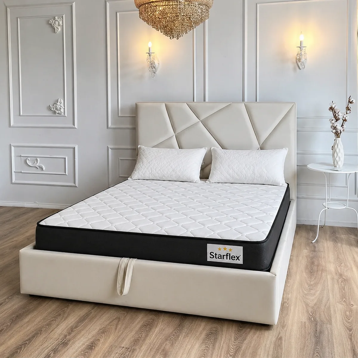 Krevat Perla - Ngjyre e bardhë (160x190) + Dyshek Starflex 19x160x190cm + 2 Jastëk Komfort 40x60 / Zgare Krevati