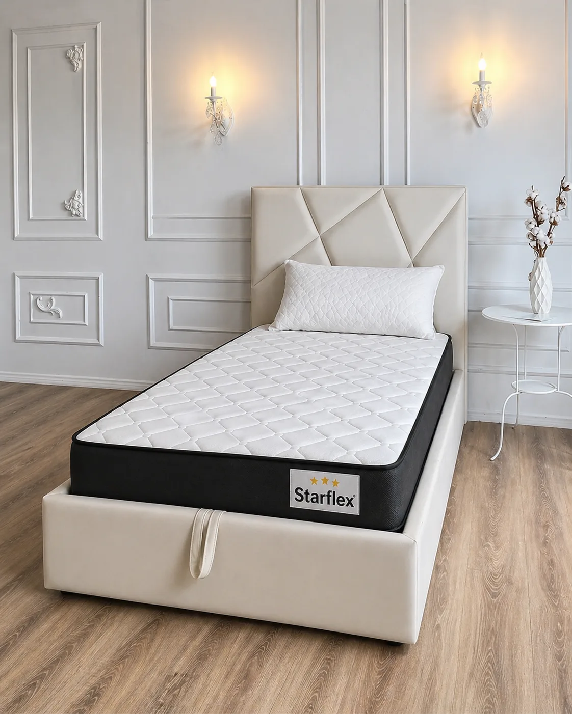 Krevat Perla - Ngjyre e bardhë (90x190) + Dyshek Starflex 19x90x190cm + Jastëk Komfort 40x60 / Zgare Krevati