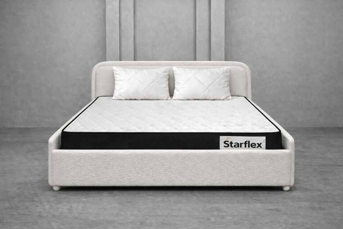Krevat Pure – Ngjyre e bardhë e ngrohtë / Dyshek Starflex 19x160x190 cm + 2 Jastëk Komfort 40x60 cm / Zgare Krevati