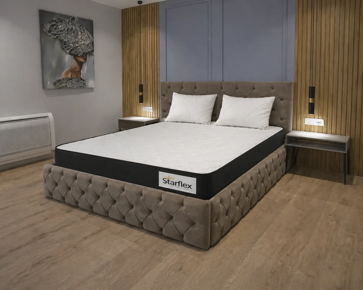 Krevat Royal – Ngjyre kafe e hapur (160x190) / Dyshek Starflex 19x160x190cm / 2 Jastëk Komfort 40x60 cm / Zgare Krevati