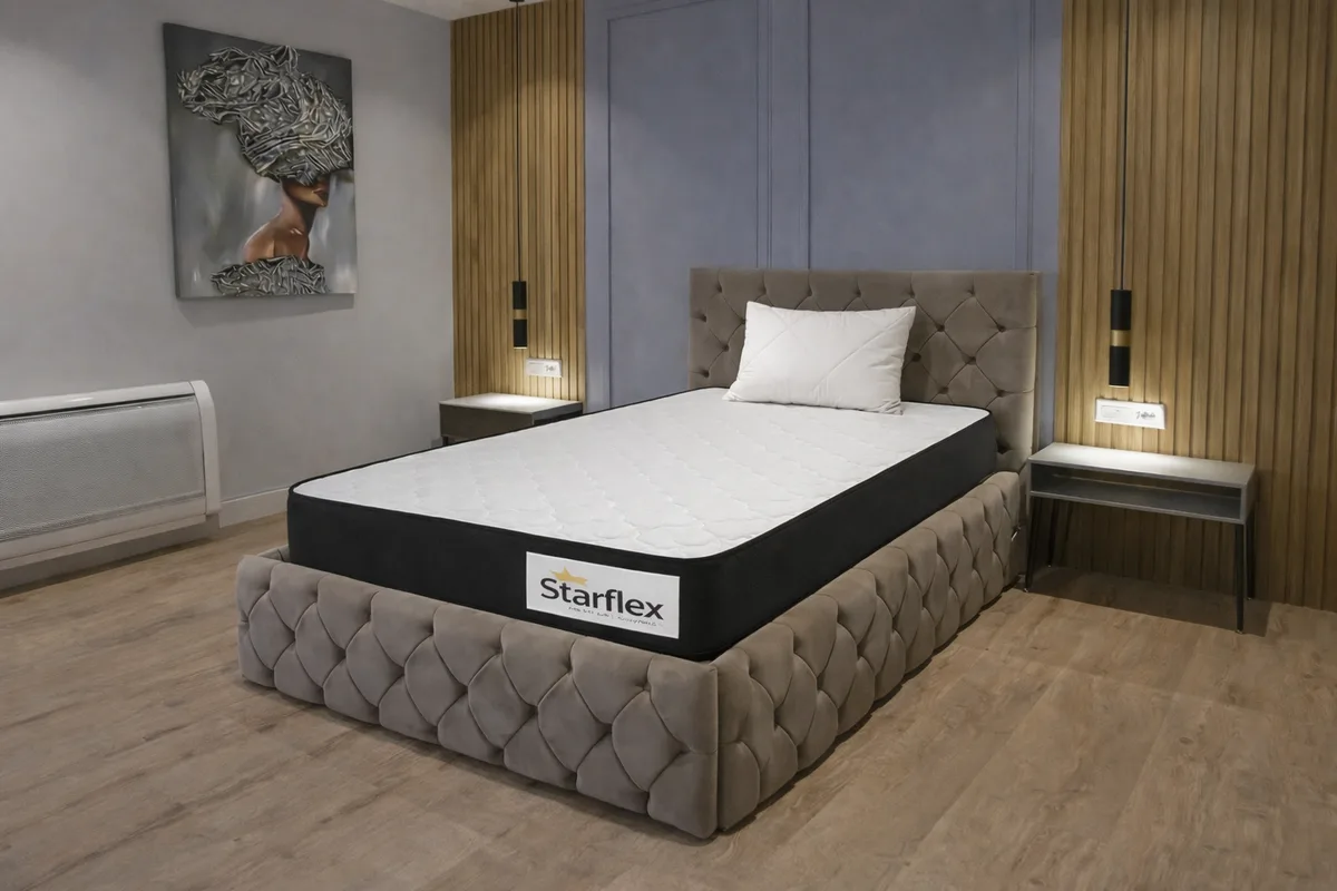 Krevat Royal – Ngjyre kafe e hapur / Dyshek Starflex 19x90x190cm / Jastëk Komfort 40x60 cm / Zgare Krevati