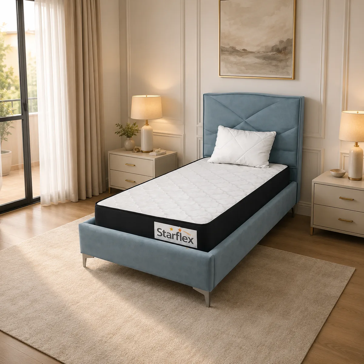 Krevat Santa - Ngjyrë blu e hapur (90x190) / Dyshek Starflex 19x90x190 cm + Jastëk Komfort 40x60 cm / Zgare Krevati