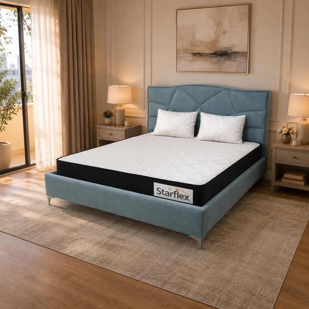 Krevat Santa - Ngjyrë blu e hapur / Dyshek Starflex 19x160x190 cm + 2 Jastëk Komfort 40x60 cm / Zgare Krevati