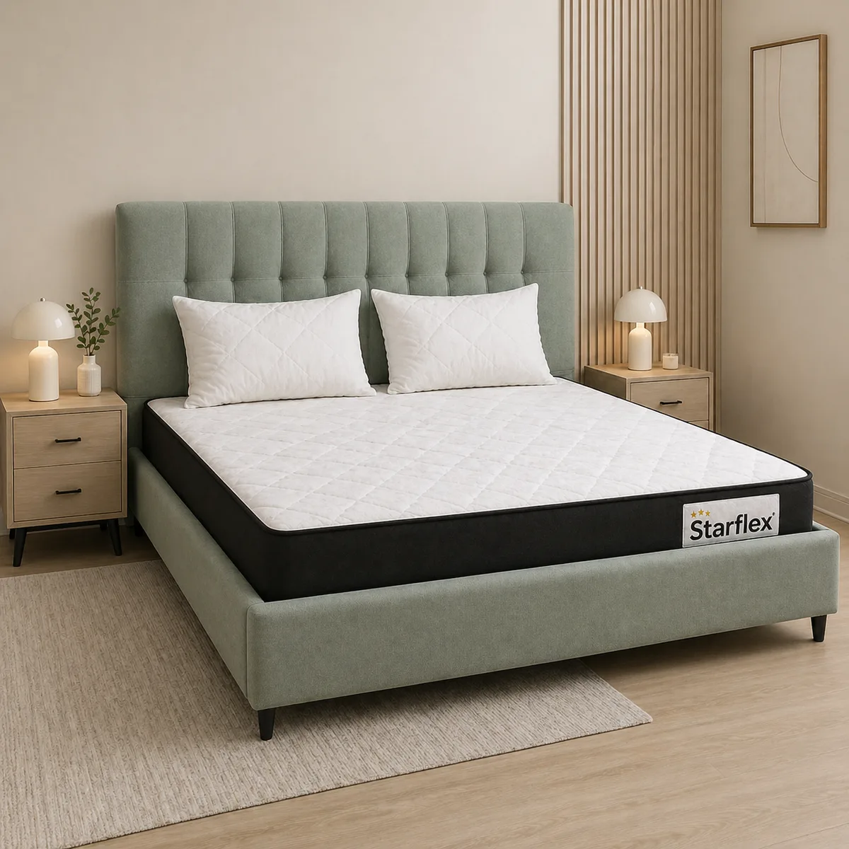 Krevat Saron - Ngjyre jeshile e hapur (160x190) / Dyshek Starflex 19x160x190cm / 2 Jastek Komfort 40x60 cm / Zgare Krevati