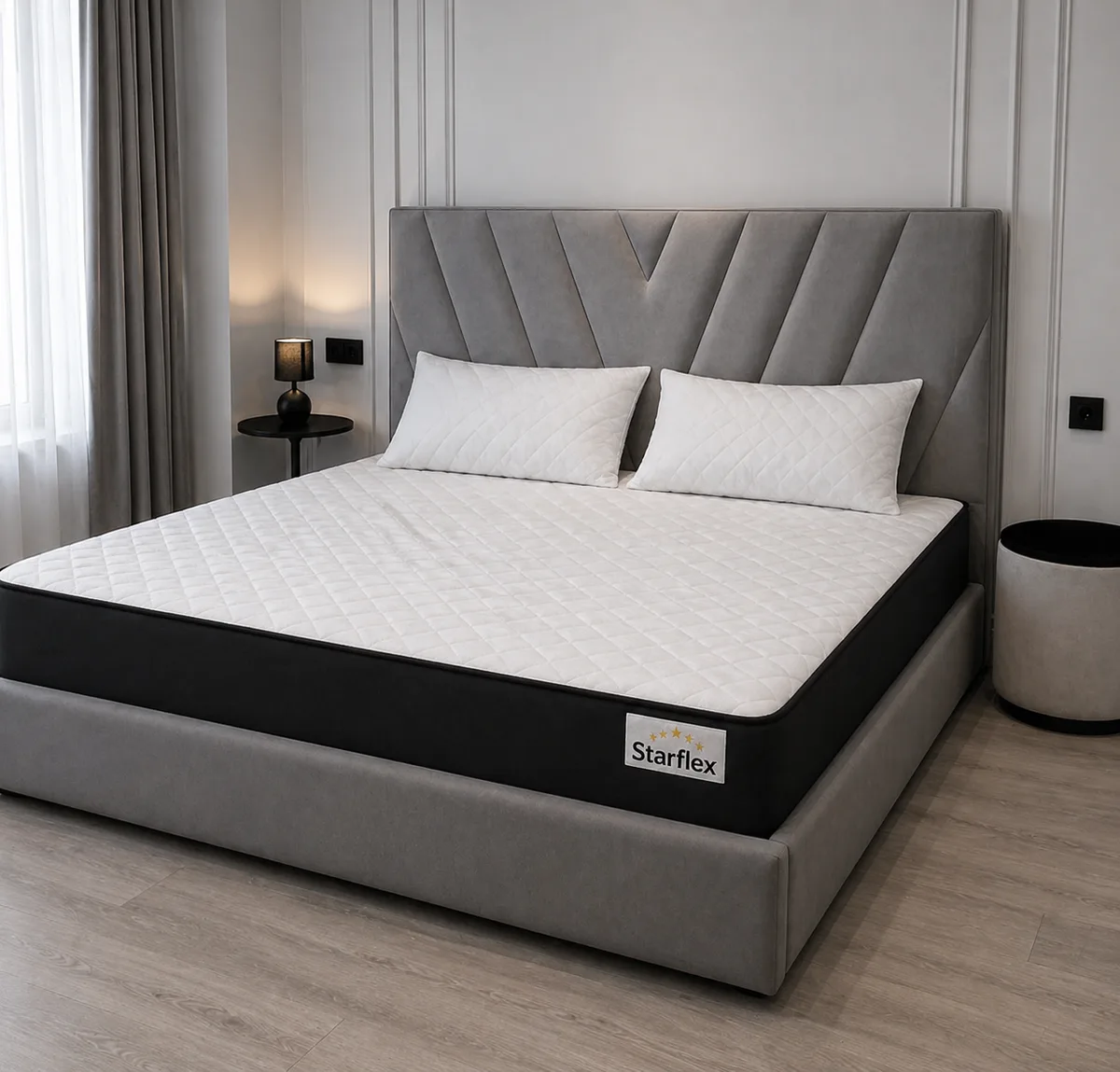 Krevat Siena - Ngjyre gri (160x190) + Dyshek Starflex 19x160x190cm + 2 Jastëk Komfort 40x60 / Zgare Krevati