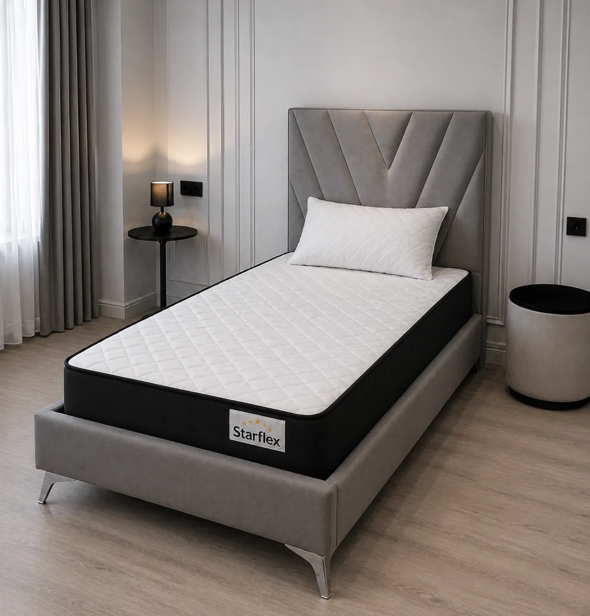 Krevat Siena - Ngjyre gri (90x190) + Dyshek Starflex 19x90x190cm + Jastëk Komfort 40x60 / Zgare Krevati