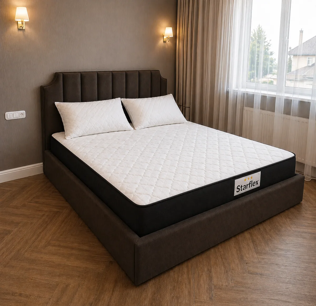 Krevat Vega - Ngjyre kafe (160x190) + Dyshek Starflex 19x160x190cm + 2 Jastëk Komfort 40x60 / Zgare Krevati