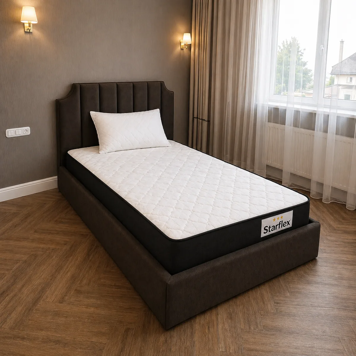 Krevat Vega - Ngjyre kafe (90x190) + Dyshek Starflex 19x90x190cm + Jastëk Komfort 40x60 / Zgare Krevati