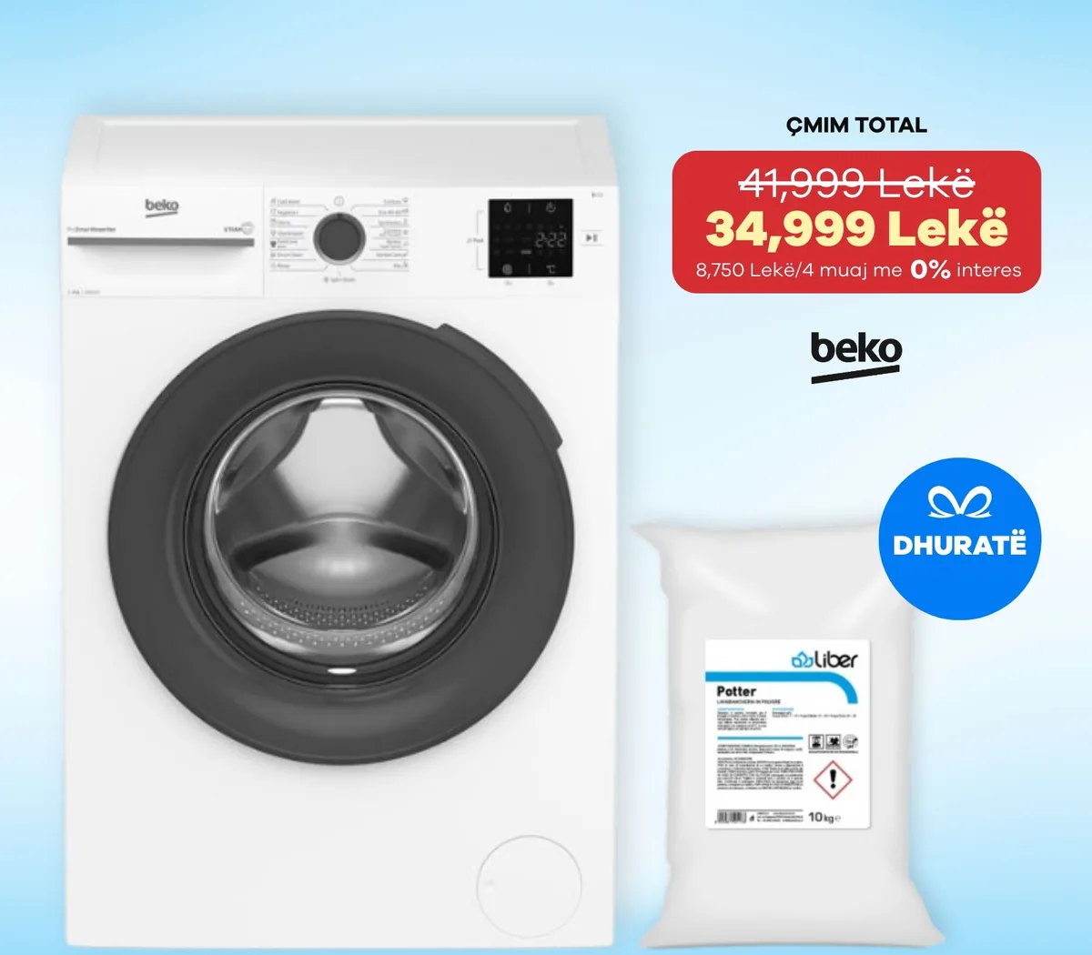 LAVATRICE BEKO BM1WFSU39223WA 9KG 1200 rpm A + Detergjent Dhurate