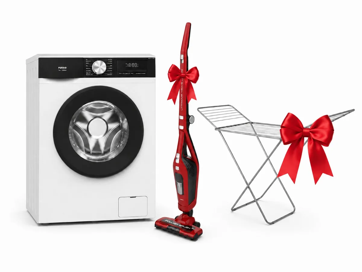 Lavatrice Fuego WMFGTC 71216 W 7 KG 1200 rpm + Fshese Vertikale Fuego V8260 dhe Nderse Per Rroba Metalike 180x54x80 cm Dhurate