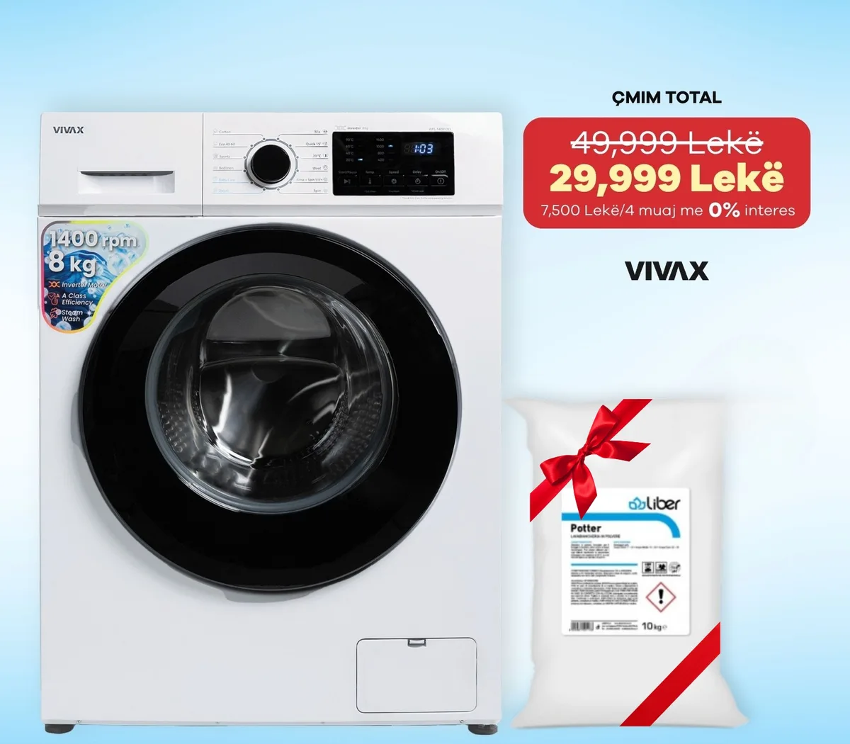 Lavatrice VIVAX WFL-140812CI 8 KG Inverter A(A+++) 1400 rpm + Detergjent Dhurate