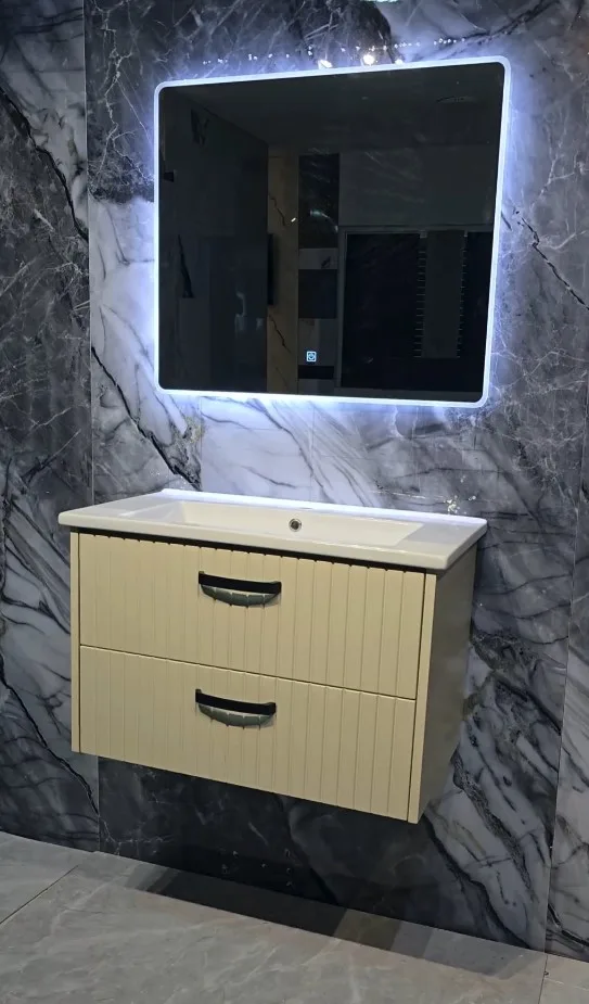Mobilje Banjo MDF 80cm Platinium Bezh + Lavaman 80cm NEWARC + Pasqyre LED 80x70cm 3609B