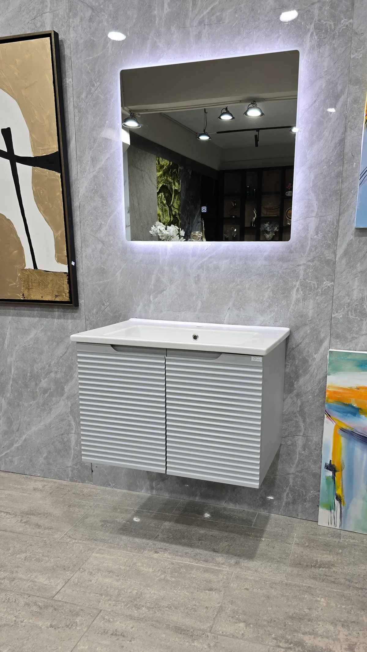 Mobilje Banjo MDF 80cm Riga Grey + Lavaman 80cm NEWARC + Pasqyre LED 80x70cm 3609B