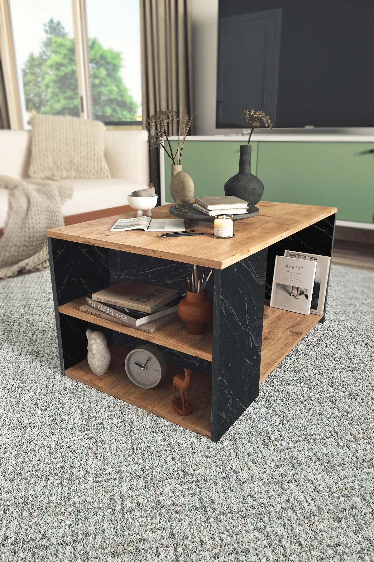 Mobilje Coffee TABLE WITH Bookshelf - PINE/Bendir