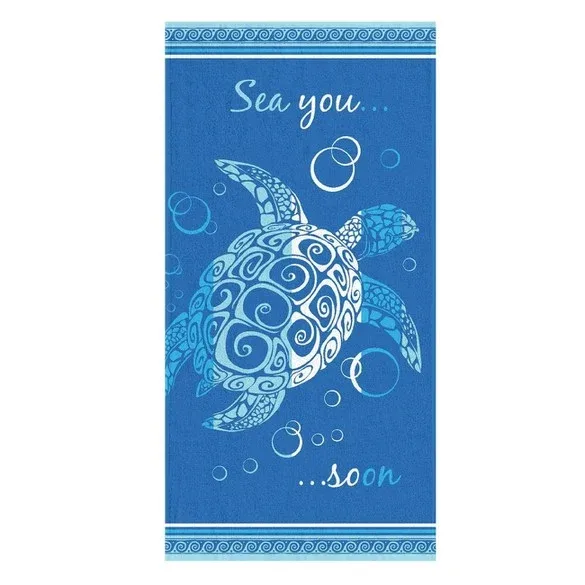 Peshqir pambuku plazhi blu me breshkë të bardhë "Sea you Soon" 150x75 cm